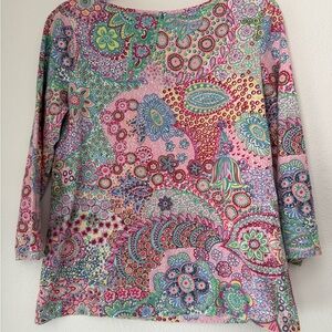 Talbots Womens Cotton Bateau Neck Tee Medium Medallion Paisley Stretch Casual